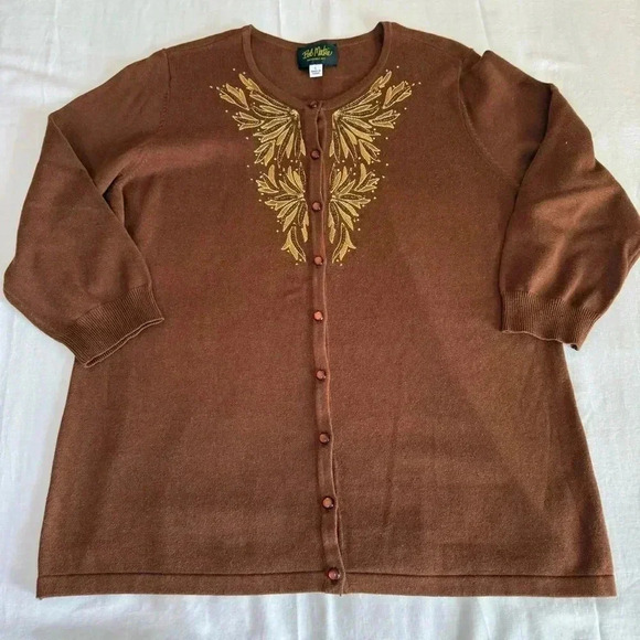 Bob Mackie Wearable Art Knit Cardigan Sweater Brown Sequins Button Long sleeve L - Picture 1 of 7